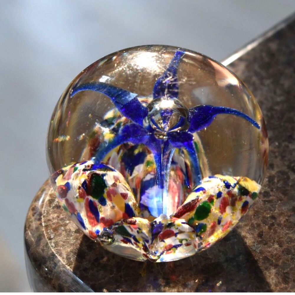 Art Glass Paperweight Cobalt Blue Flower Multicolor Confetti Bed Hand Blown